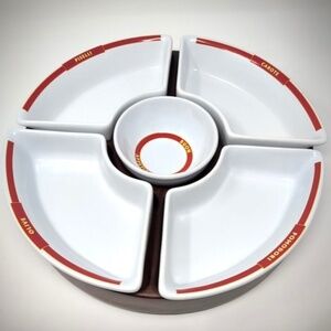 Pottery Barn Lazy Susan 5 Ceramic Condiment Wedge Bowls Rotating Wood Base 12”